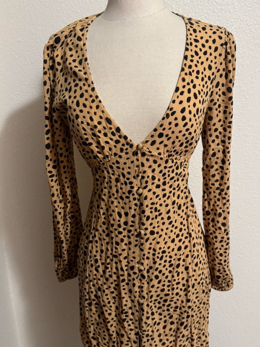 Billabong Tan Dress with Black Spot Print - Long Sleeve V-Neck
